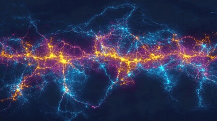 Poster - A vibrant neon network map showing global data routes.
