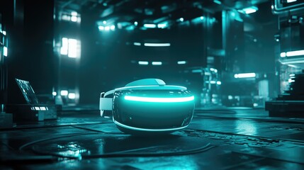 Poster - A virtual reality headset glowing in a dark, futuristic environment.