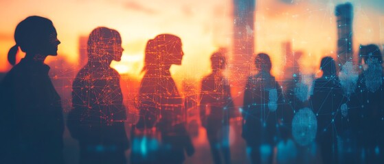 Poster - illustration of diverse individuals interconnected through communication network, representing HR, global connectivity, and management strategy
