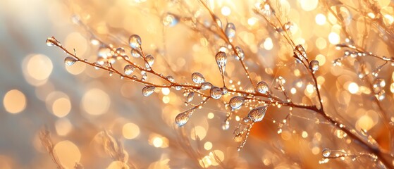 macro shot of dewdrops on spider web at dawn, intricate beauty of nature, detailed closeup, morning light reflections