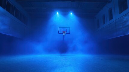 Poster - Basketball hoop illuminated by blue fog dra background 