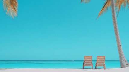 Poster - Two empty sunbeds stand on a pristine white sandy beach, inviting tourists to unwind and soak up the sun under the shade of palm trees, with crystal clear turquoise waters gently lapping the shore