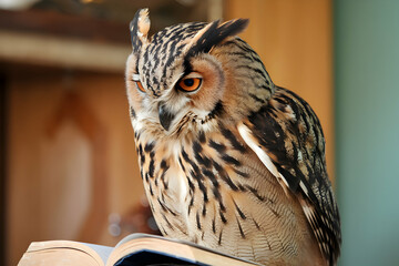 Owl with orange eyes engrossed in a book, indoor teal hued background