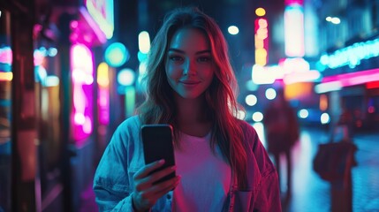 Sticker - Beautiful Young Woman Using Smartphone Standing background 