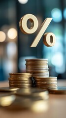 Poster - Stacks of coins rising in height with a golden percentage symbol hovering above, representing increasing profits, financial growth, and successful investments