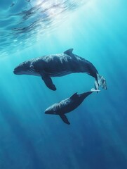 Poster - Mother whale swims with calf in clear blue ocean waters during a calm afternoon. Generative AI