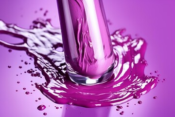 Poster - Vibrant purple paint spilling from an overturned glass, creating dynamic splashes and droplets on a glossy purple surface