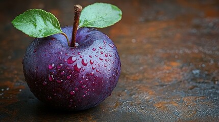 Wall Mural - A freshly picked, dewy plum rests on a textured rustic surface, showcasing its vibrant purple hue and fresh green leaves in a realistic, natural setting