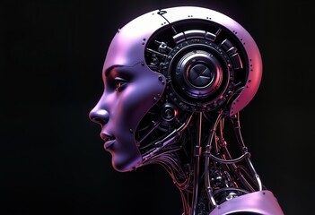 Poster - Metallic AI robot head illustration. Female cyborg profile. Advanced tech features. Shiny, glossy, iridescent surface. Modern tech art. Futuristic design. Purple, dark tones. Isolated on black