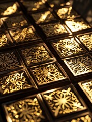 Aufkleber - Decadent chocolate bar adorned with arabesque patterns and golden accents showcasing luxurious pistachio filling. Generative AI
