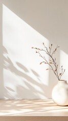 Aufkleber - Sunlight streaming through a window highlights a dried autumn branch in a white ceramic vase on a light wooden countertop, creating warm shadows and a cozy kitchen atmosphere