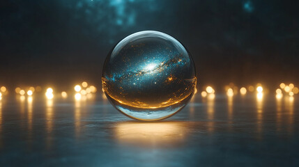 Wall Mural - A mesmerizing glass ball encapsulates the essence of the Universe surrounded by blurred bright tones with cosmic energy swirling evoking mystery infinity creation and the interconnectedness of all

