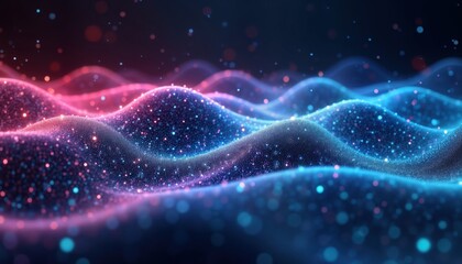 Poster - Abstract futuristic digital waves. Flowing data sound waves. Glowing blue, pink dots create dynamic movement on dark background. Modern design. High tech concept. Represents tech evolution.