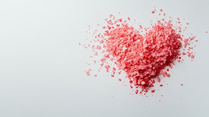 Poster - Pink crystals arranged in a heart shape on a white background creating a romantic atmosphere, perfect for valentine's day, mother's day, or spring themed projects