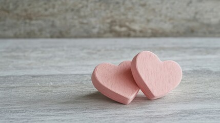 Poster - Two delicate pink wooden hearts resting on a light wooden surface, symbolizing love and affection, create a perfect setting for valentine's day, mother's day, or spring celebrations