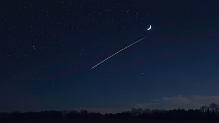 Wall Mural - Night sky with a crescent moon, stars, and a shooting star over a dark silhouette of trees.