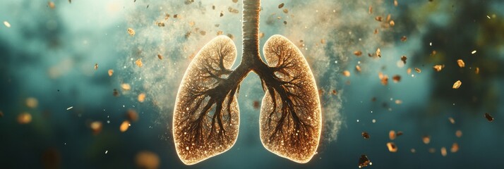 Poster - Realistic lungs surrounded by smog and dust particles showcasing environmental impact on respiratory health. Generative AI