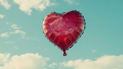 Poster - Red heart-shaped balloon floats in a blue sky with fluffy white clouds.