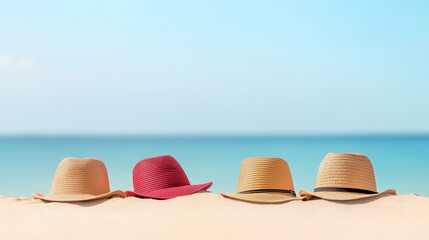 Poster - Four colorful summer hats are resting on a pristine sandy beach with a beautiful turquoise ocean and clear blue sky in the background, evoking a sense of relaxation and vacation