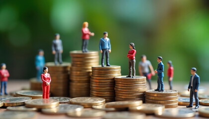 miniature figures stand on stacks of coins social inequality. different heights of coin stacks repre