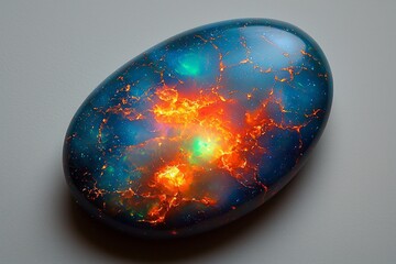 Poster - captivating opal gemstone displays stunning array of iridescent colors including blue green and orange set against clean white background enhances its luminosity and allure.