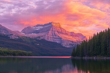 Aufkleber - Majestic mountain peaks bathed in golden light at sunrise above a serene lake surrounded by lush forest. Generative AI