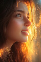 Wall Mural - A young woman smiling warmly with sunlight highlighting her face and hair, creating a serene and dreamy atmosphere with a soft glow in the background