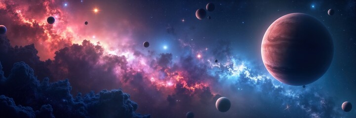 Wall Mural - vast panorama of space filled with many planets, nebulae. colorful galaxies, stars shine brightly in