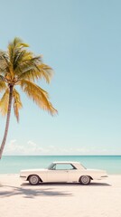 Poster - Classic white car parked on a beautiful beach next to a palm tree, enjoying the summer vibes and tropical scenery, creating a perfect vacation getaway atmosphere