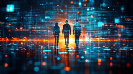 Team of Silhouettes Walking Towards Digital Data Stream Futuristic Technology Concept