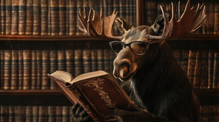 Poster - Moose reading a book while wearing glasses in a vintage library filled with books and wooden shelves. Generative AI