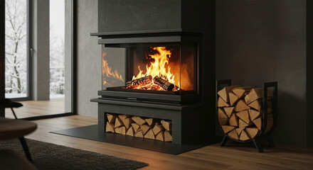 Photo of a fire in a modern burning stove next to a wood logs rack, contemporary home log burner or fireplace, renewable energy heating in winter