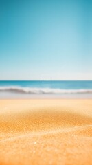 Poster - Blurred ocean waves gently rolling onto the shore on a sunny summer day, creating a tranquil and inviting beach scene perfect for relaxation and holiday enjoyment