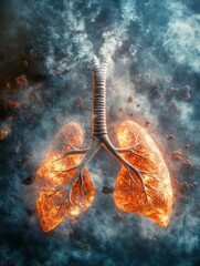 Poster - Realistic depiction of lungs surrounded by smog and dust particles illustrating air pollutions impact on health. Generative AI