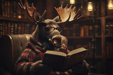 Poster - Moose wearing reading glasses enjoys a book in a cozy vintage library setting with warm lighting. Generative AI