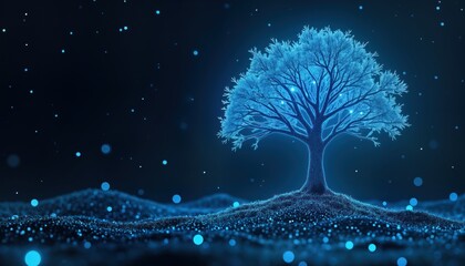 Poster - Tech tree stands on digital ground. Data storage concept. Blue glow lights up tree. Futuristic and eco-friendly image. Nature and tech combine. Innovative tech concept. Abstract image