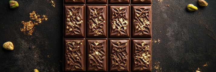 Poster - Decadent chocolate bar filled with pistachio and adorned with intricate arabesque designs and golden accents. Generative AI