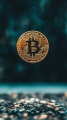 Poster - Golden bitcoin is hovering in the air over a dark, textured surface, representing the exciting and volatile world of cryptocurrency investment and decentralized finance