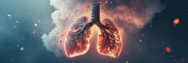 Poster - Lungs immersed in smog and dust particles showcasing pollutions impact on respiratory health. Generative AI
