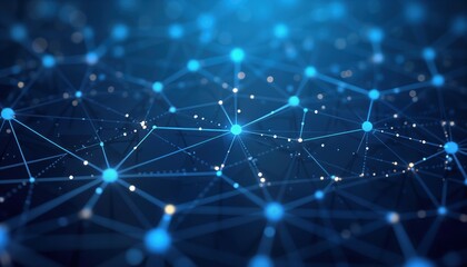 Poster - Abstract blue polygonal background with interconnected dots, lines. Network of connections. Modern tech design. Conceptual visualization of data, tech. Futuristic pattern. Geometric shapes. Light