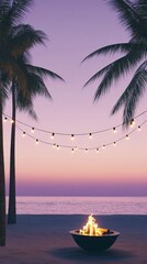 Aufkleber - Warm fire burning in fire pit on sandy beach with palm trees and string lights at sunset creating cozy and romantic atmosphere for summer vacation