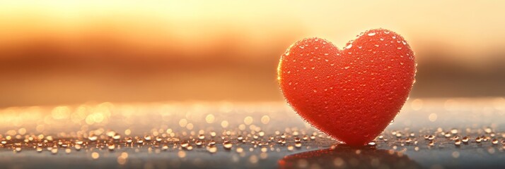 Poster - Red heart resting on a wet surface, glistening with water drops at sunset, embodying love, romance, and the spirit of valentine's day and springtime celebrations