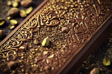 Aufkleber - Pistachio chocolate bar adorned with intricate arabesque patterns and golden embellishments on a dark surface. Generative AI