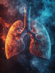 Poster - Realistic depiction of lungs amidst smog and dust particles illustrating air pollution effects on health. Generative AI