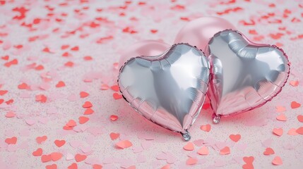 Poster - Silver and pink metallic heart shaped balloons lie on a glittery pink surface covered with small paper hearts, creating a festive scene for valentine's day, anniversaries, or romantic celebrations