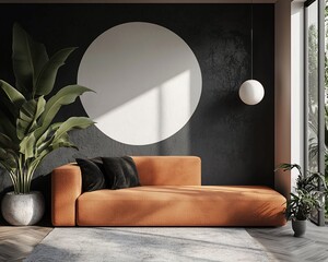 Poster - Modern living room with orange sofa, plants, and circular wall decor.