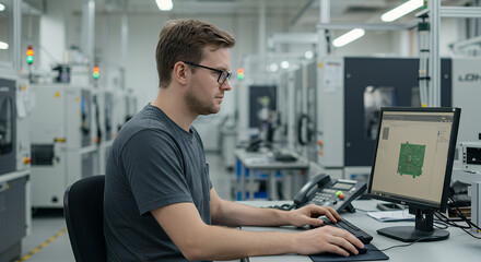 Electronics Factory : Caucasian Male Electrical Engineer Designs PCB Prototype, Works on Desktop Computer, uses CAD Software to Develop Microchips and Semiconductors. Modern Manufacturing Facility.