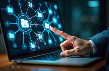 Poster - Person interacts with document management system on laptop. Business processes, digital security important. Person works on computer, manages files, shares documents. Tech processes digital