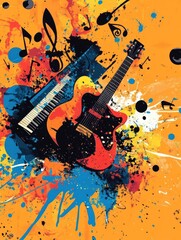 Poster - Musical instruments and colorful notes create an energetic atmosphere in a vibrant artistic composition. Generative AI