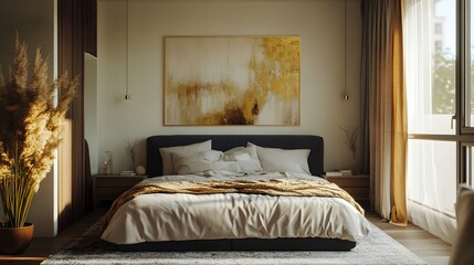 Aufkleber - Minimalist design featuring navy bedding, cream walls, and abstract gold art, understated elegance